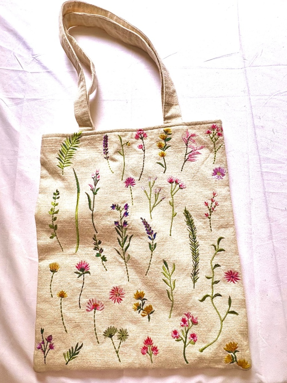 Barnes & Noble Wildflower Embroidered Cream Cotton Canvas Tote Bag 12x14